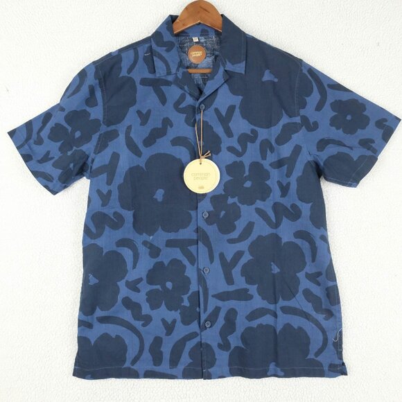 Common People Shirt Mens Medium Blue Floral Camp Collar Cropped 60s 70s Hippie - Picture 1 of 11
